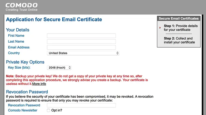Kostenloses Comodo Email Zertifikat