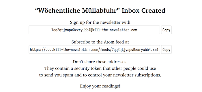 Kill the Newsletter - E-Mail, RSS, Atom