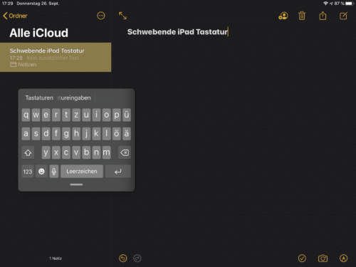 iPad schwebende Software Tastatur