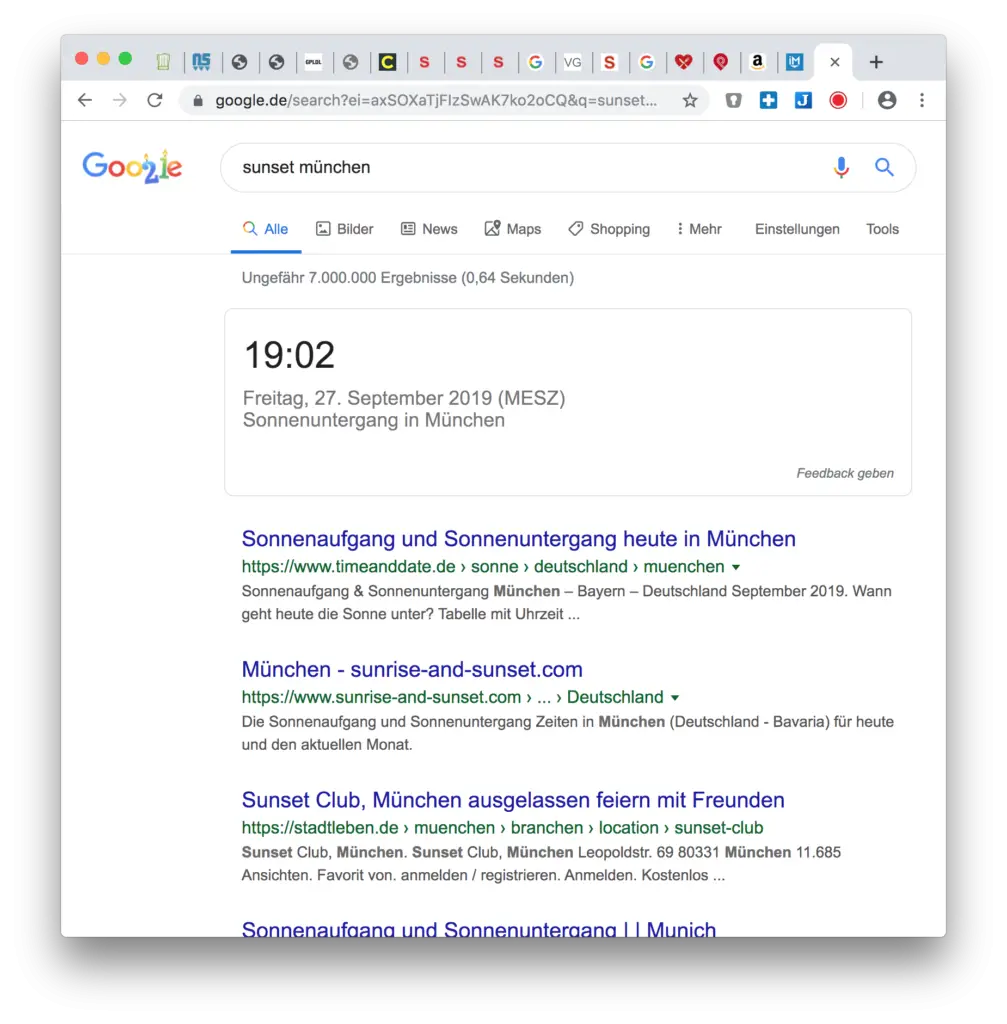Google Hacks: Uhrzeit Sonnenuntergang anzeigen